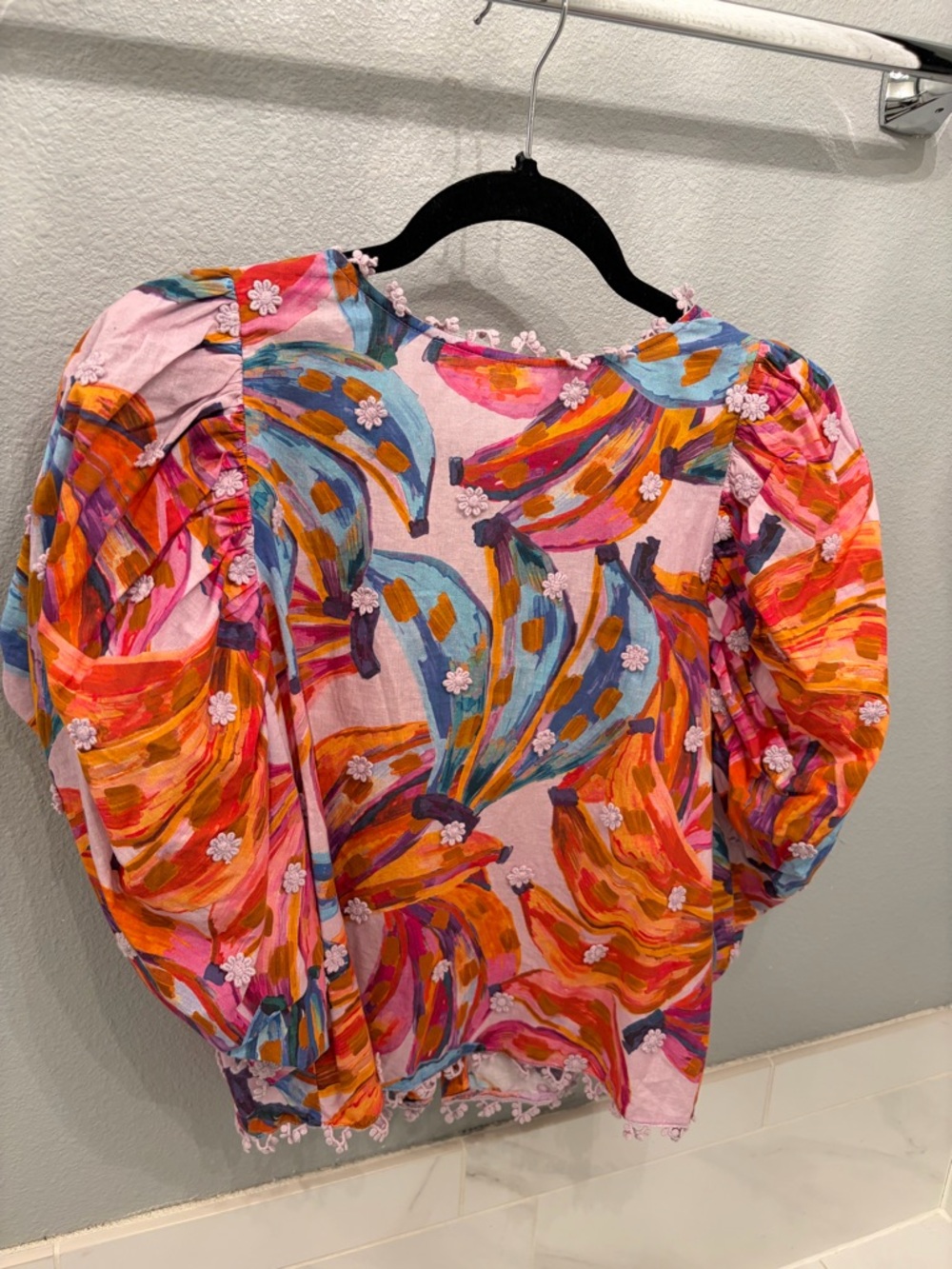 FARM Rio Pink Multi Floral-Pom Puff Sleeve Blouse